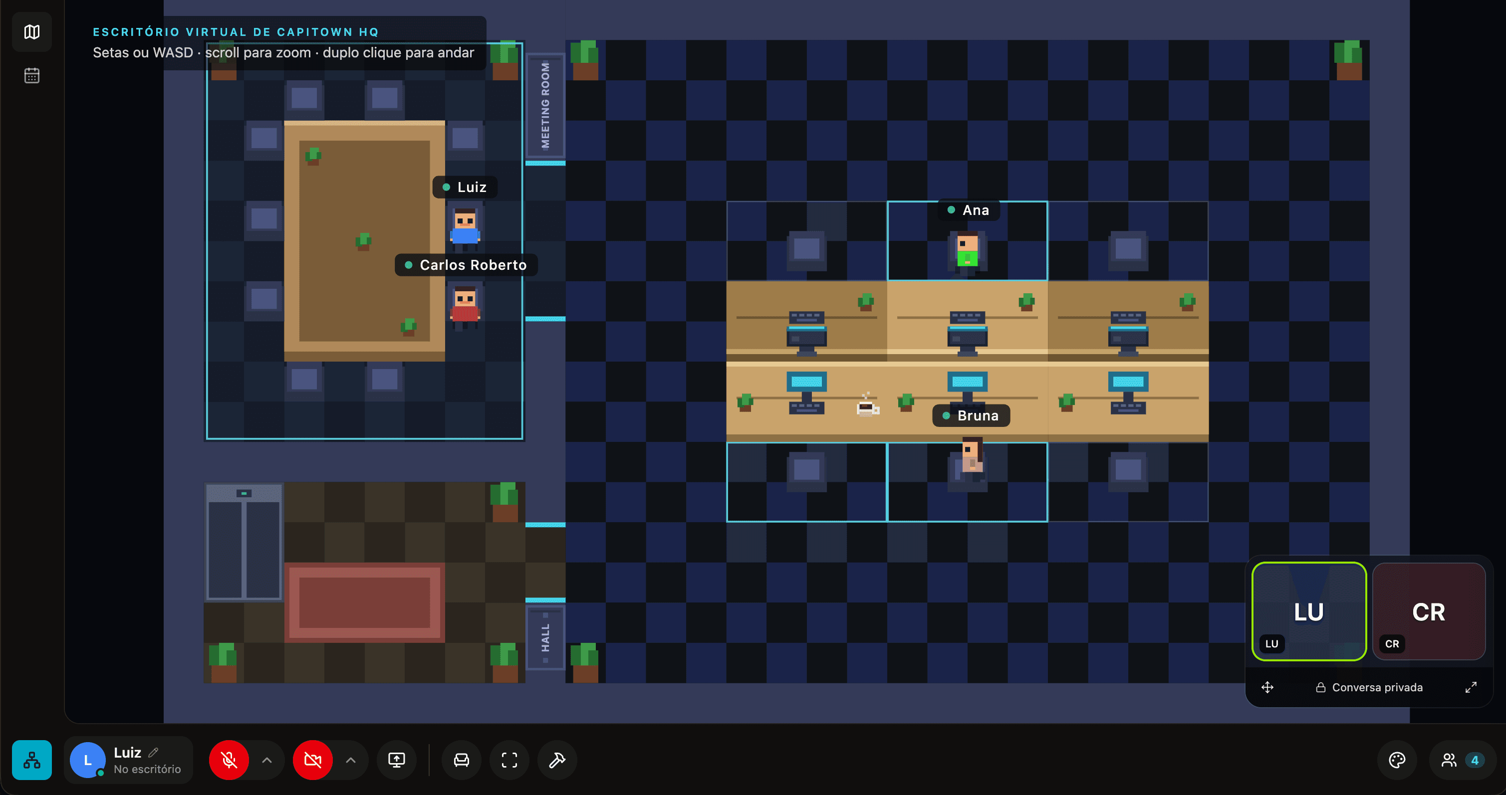 Mapa do escritório virtual com a equipe nas mesas
