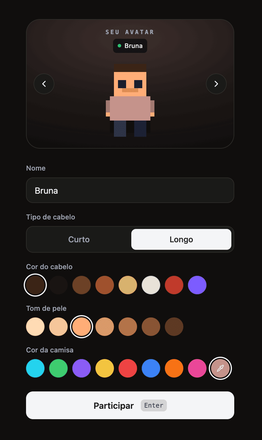 Preferências para personalizar o nome e a cor do personagem